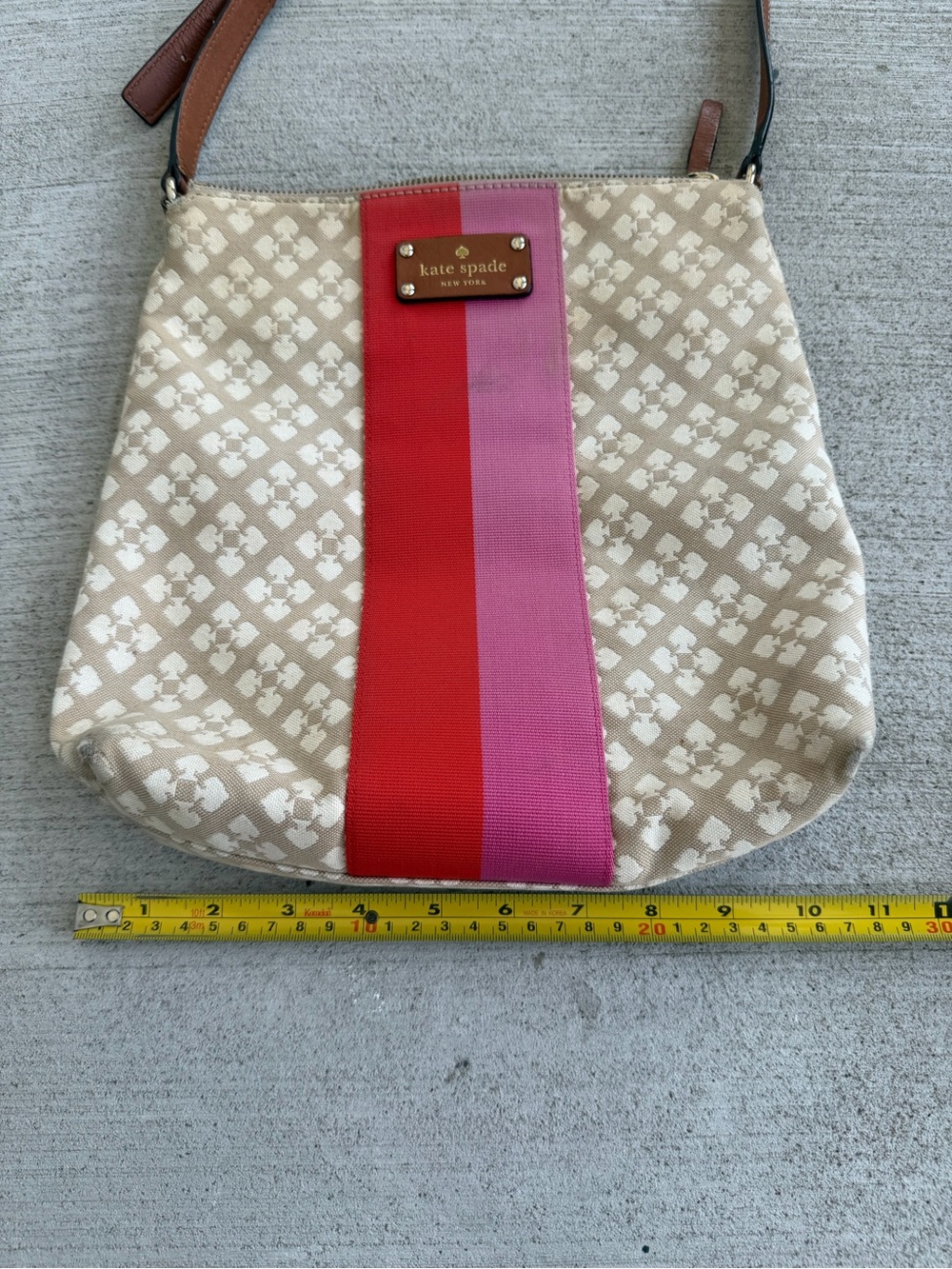 Kate Spade New York Crossbody Bag Canvas Spade Print Pink Red Stripe - Picture 11 of 13